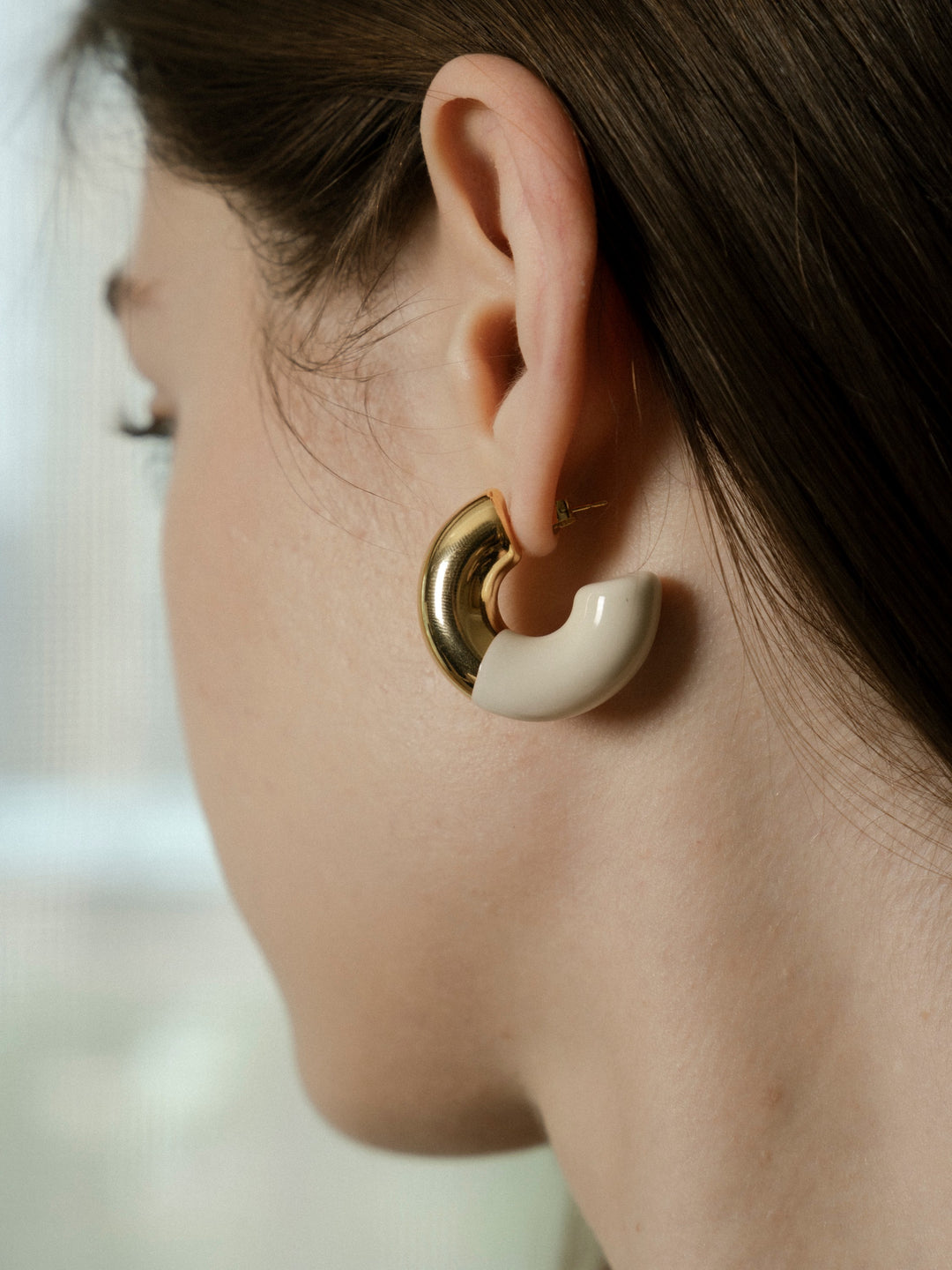Two-Tone Sculptural Hoop Earrings Silver Post 2 Colors Black Ivory