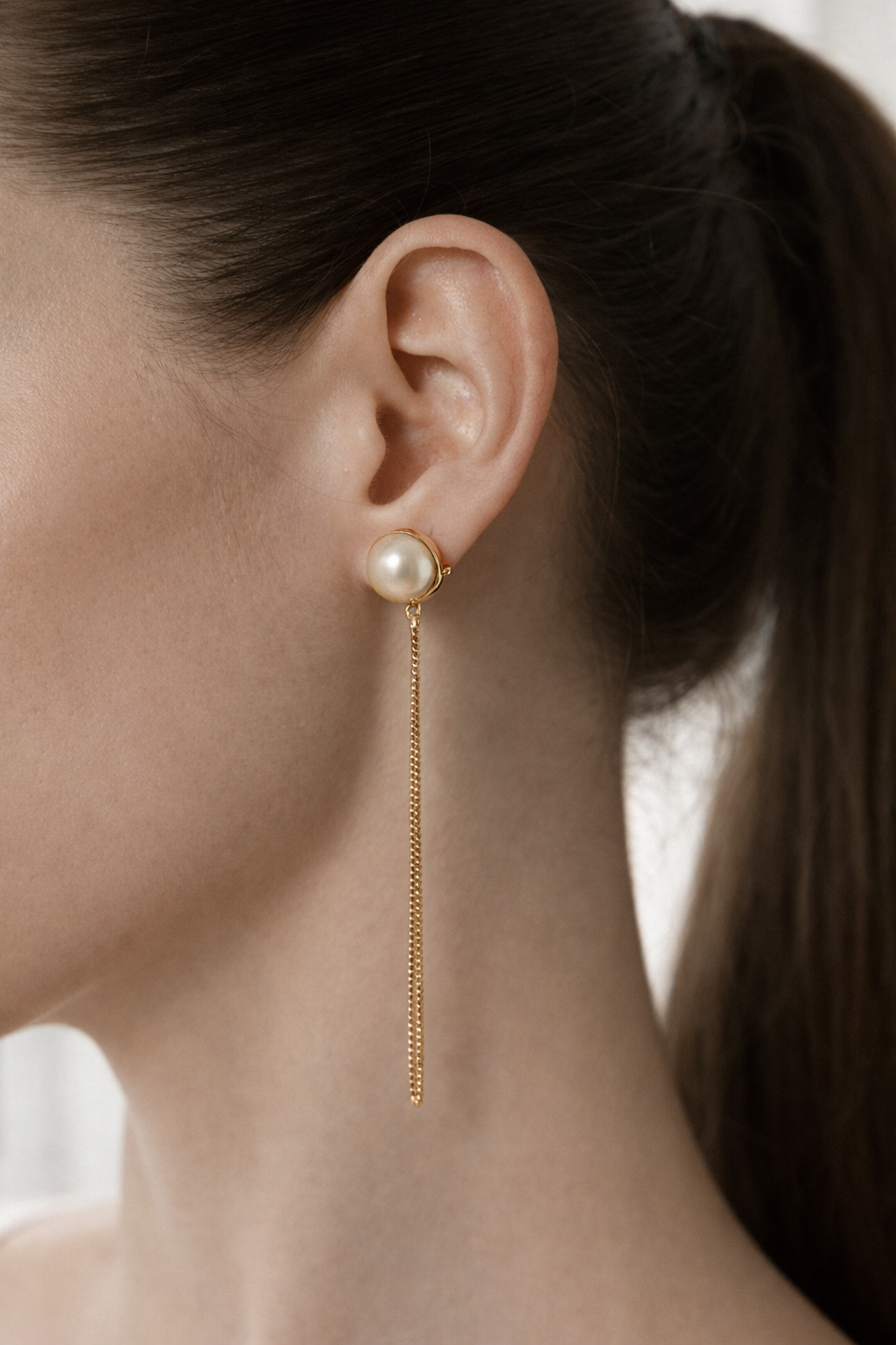 Luna Pearl Drop Chain Earrings Silver Post