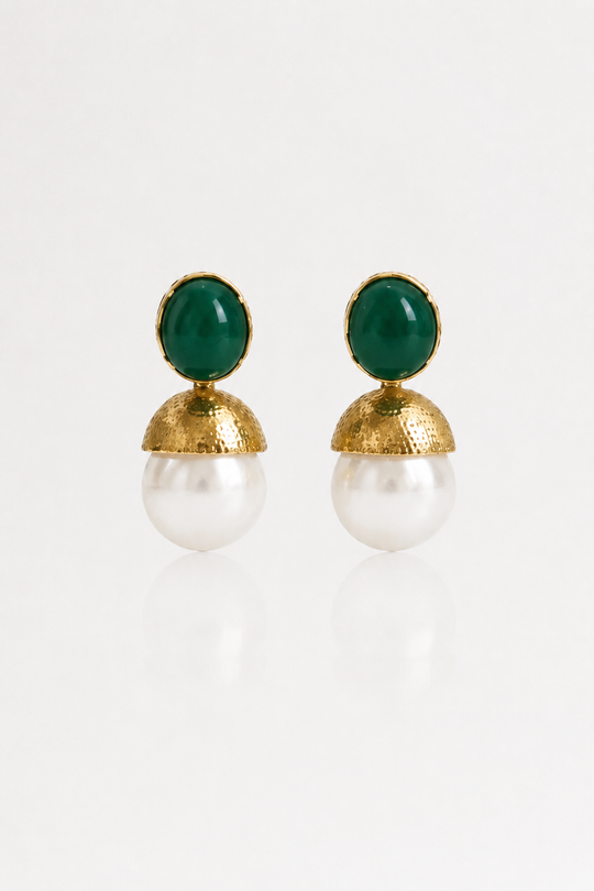 Emerald Aura Pearl Drop Earrings Silver Post