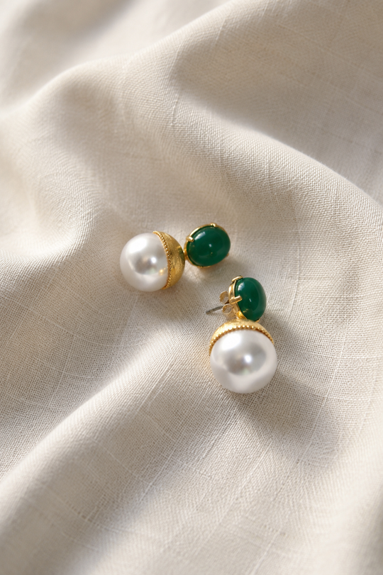 Emerald Aura Pearl Drop Earrings Silver Post