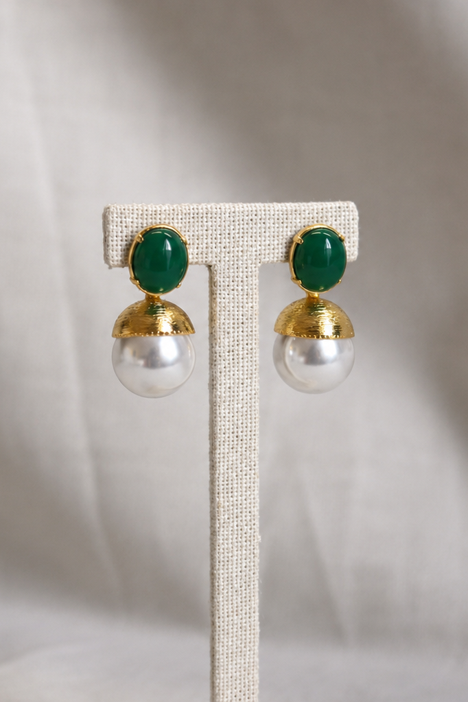 Emerald Aura Pearl Drop Earrings Silver Post