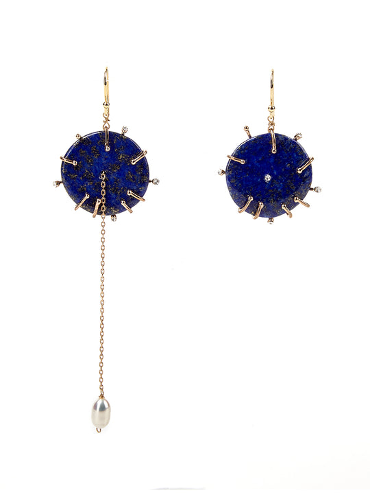 Lapis Balance  Asymmetric Drop Earrings Freshwater Pearl