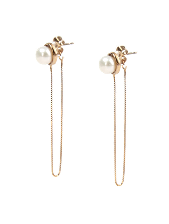 Luna Pearl Drop Chain Earrings Silver Post