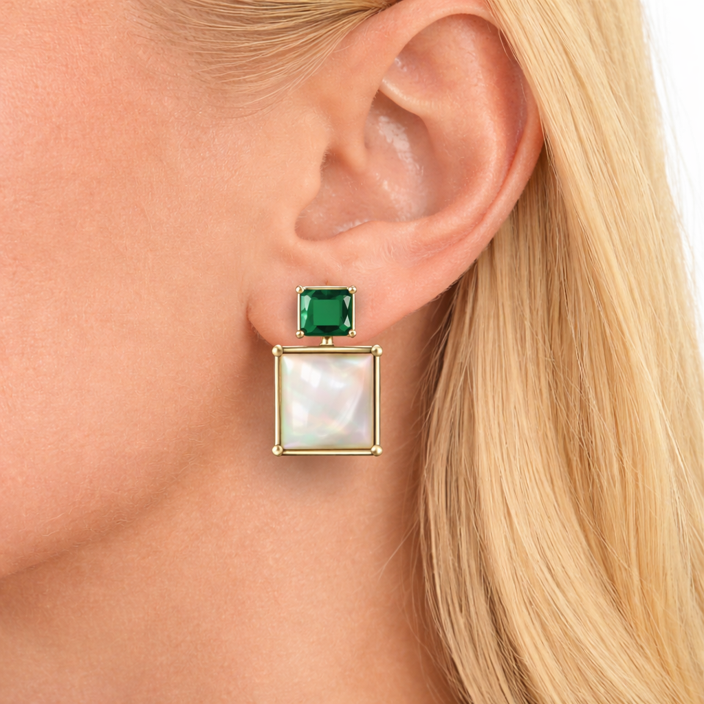 Emerald Shell Square Stud Earrings