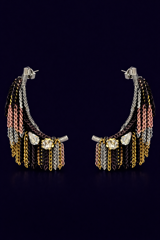 Aurora Fringe Chain Hoop Earrings Silver Post