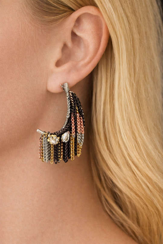 Aurora Fringe Chain Hoop Earrings Silver Post