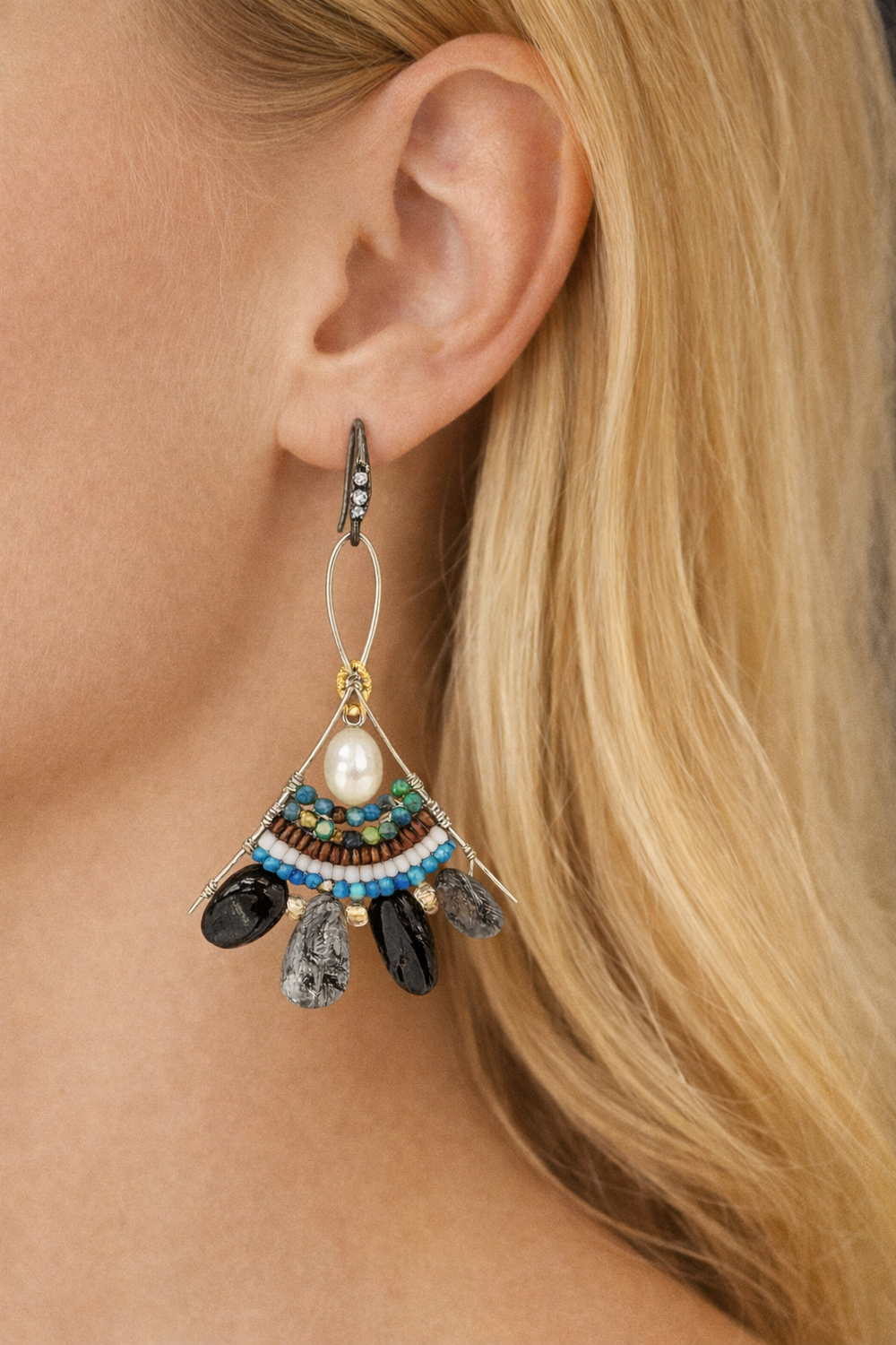 Bohemian Terra Cascade Earrings Natural Indian Turquoise Hematite