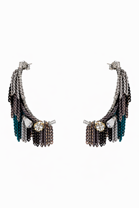 Aurora Fringe Chain Hoop Earrings Silver Post