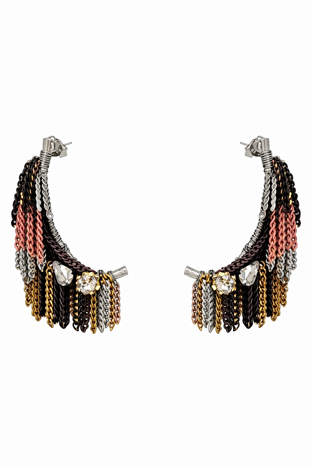 Aurora Fringe Chain Hoop Earrings Silver Post