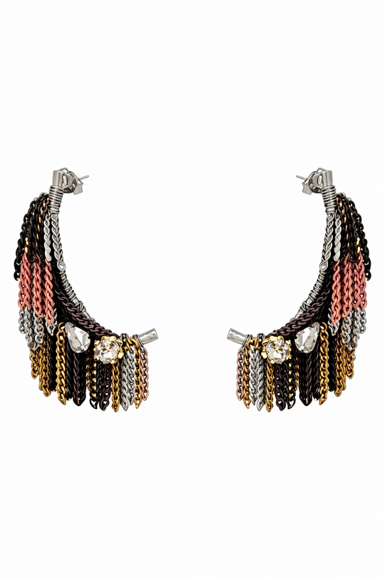 Aurora Fringe Chain Hoop Earrings Silver Post