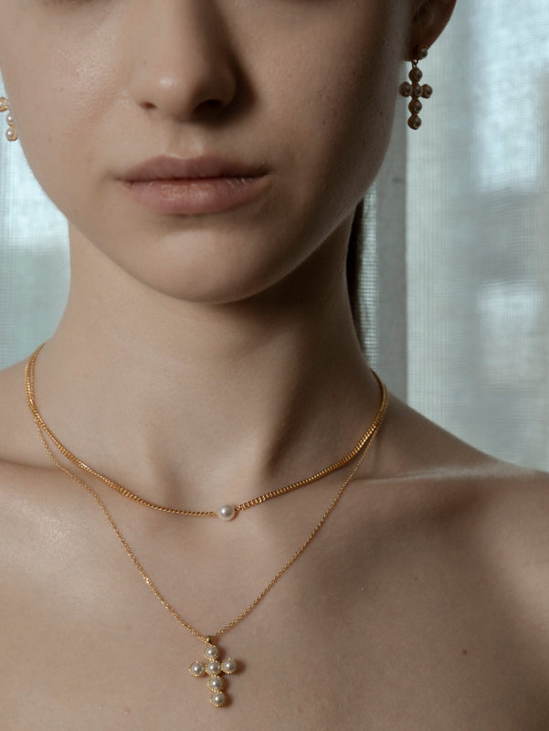 Cross Long Necklace Swarovski Pearl 925 Silver