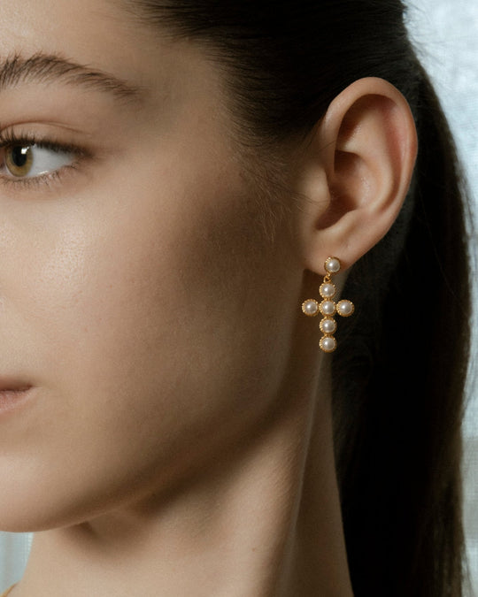 Celeste Cross Earrings - 92.5 Silver with Swarovski Pearls